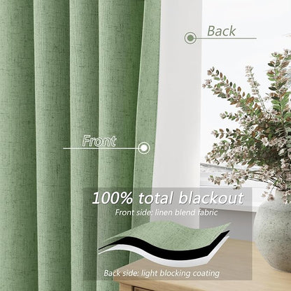 Light Sage 100% Blackout Linen Curtains 120 Inch Length 2 Panels Set - Image 4
