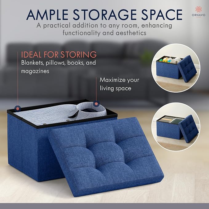 Ornavo Home Small Storage Ottoman, Foldable Collapsible Rectangle Linen Ottoman - Image 3