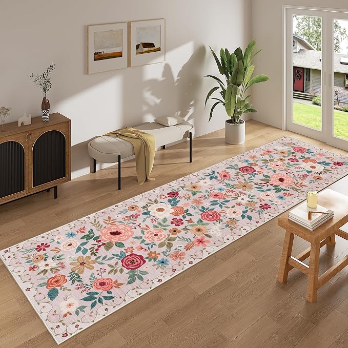 DUKINO 3x10 Runner Rug, Floral Washable Kitchen Runner Rug Non Slip, Low Pile - Image 3