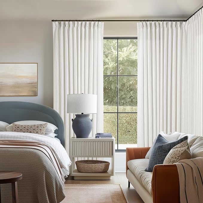 Beige White Pinch Pleat Semi Sheer Linen Curtain W70xL108 1 Panel | Light - Image 5