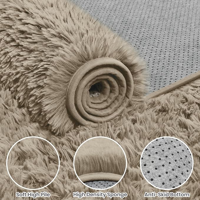 5x7 Fluffy Shag Area Rugs for Living Room Bedroom: Soft Carpet Gray Camel | - Image 8