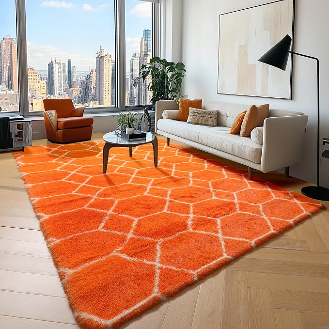 Area Rugs for Bedroom Living Room, 4x6 Fluffy Orange and White Modern Rug | - Image 5