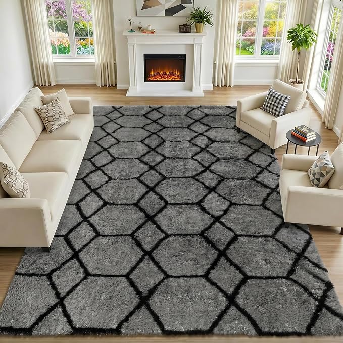 5x7 Area Rugs for Living Room Bedroom, Fluffy Grey and Black Geometric Rug | - Image 5