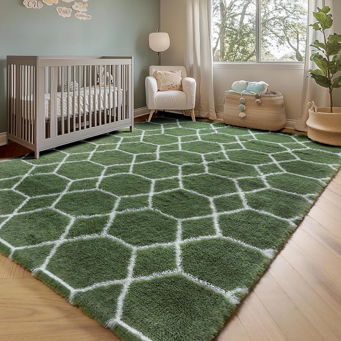 Area Rugs for Bedroom Living Room, 4x6 Fluffy Olive Green and White Rug | - Image 7