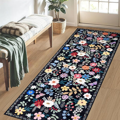 PLHXFR 2x6 Washable Runner Rug：Floral Indoor Kitchen Soft Carpet Black | - Image 3