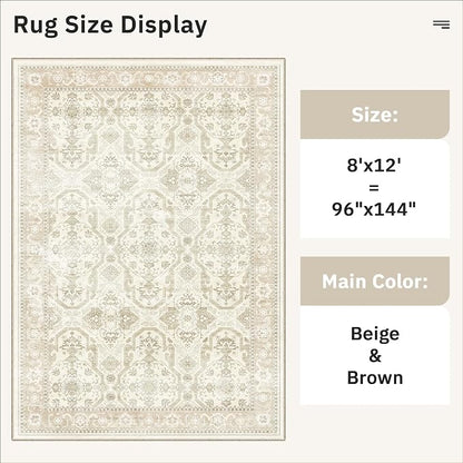 Soalmost 8x12 Area Rugs Large Washable Living Room Rug Non-Slip Beige/Brown | - Image 5