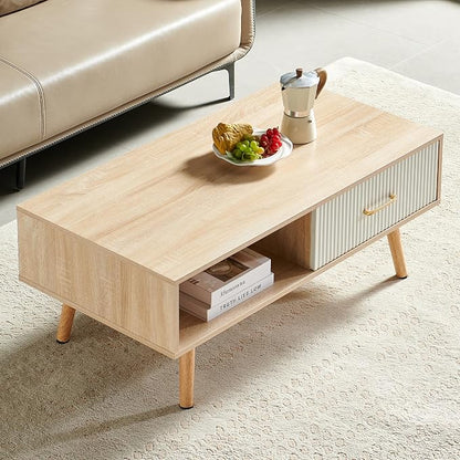 Coffee Table with Storage, Mid Century Boho Wood Center Table with Open Storage - Image 5
