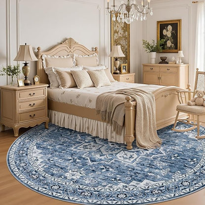 Round Area Rug for Living Room: 6ft Washable Rug for Bedroom Blue | Vintage - Image 4
