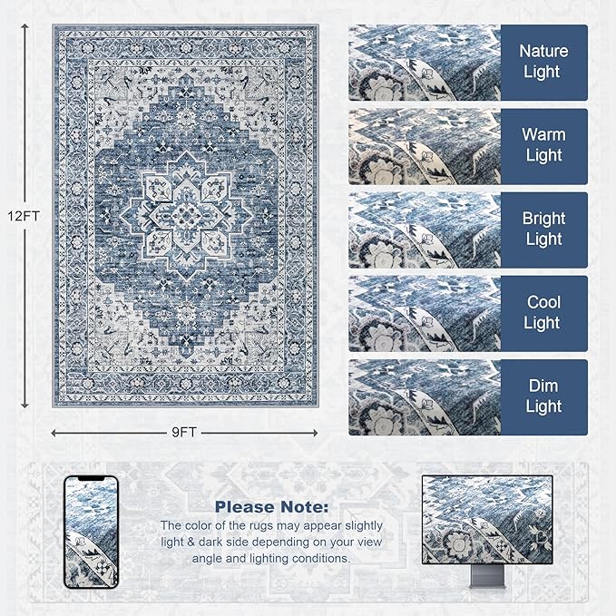 9x12 Area Rugs Living Room: Washable Vintage Rug - Image 2