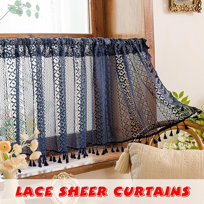 Sutuo Home Boho Lace Sheer Short Curtains Valance 2 Panels - Image 4