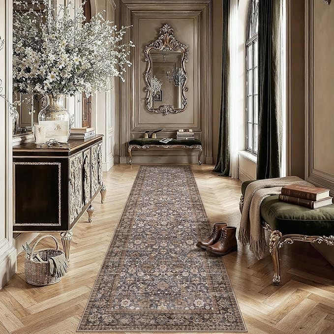 2x12 Brown Blue Vintage Floral Washable Runner Rug - Image 2