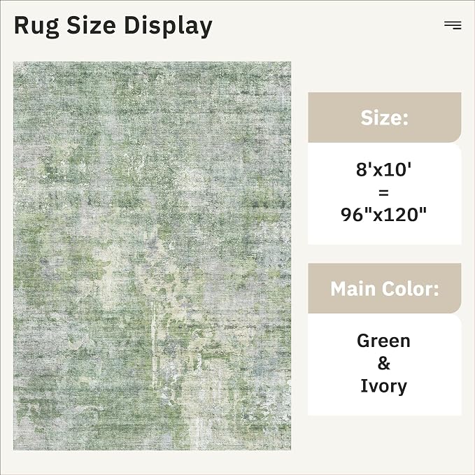 Soalmost Abstract Rug 8x10 Large Living Room Area Rugs Washable Green/Ivory | - Image 5