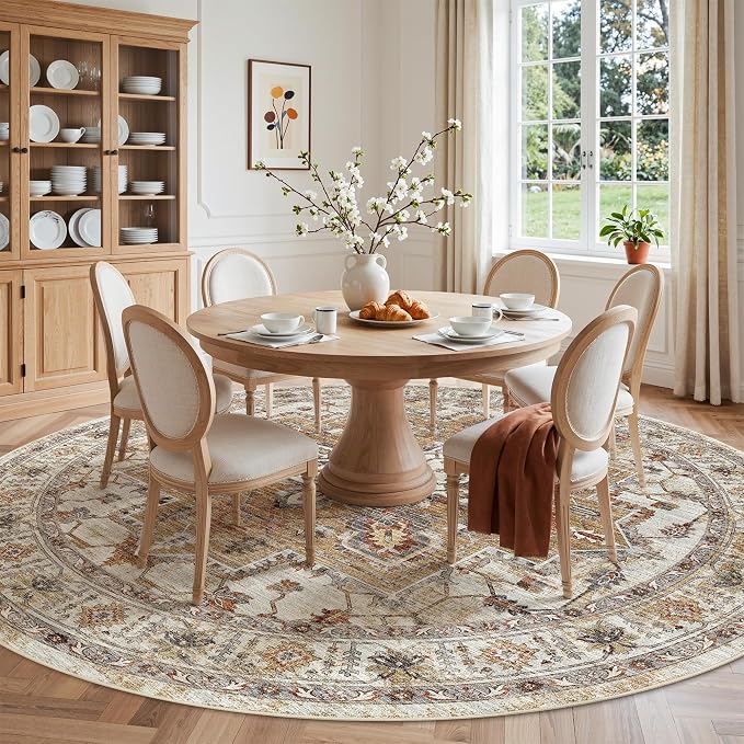 Madane Washable 9ft Circle Round Rug, 9x9 Circular Area Rugs, Turmeric/Grey | - Image 4