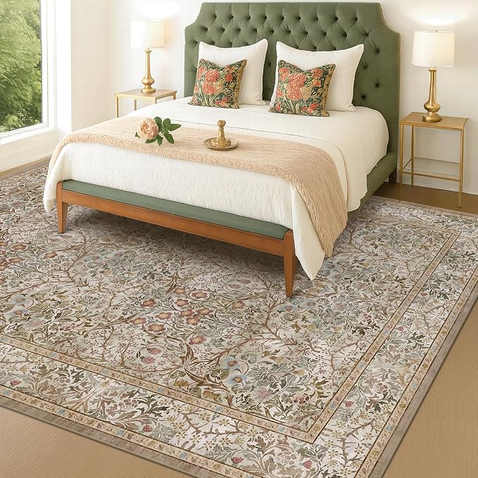 Vintage Moss Green Living Room Rug, 7x10 Washable Large Area Rugs - Image 6