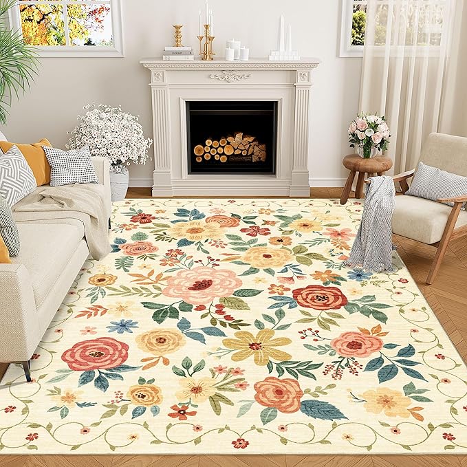 DUKINO 8x10 Area Rug, Floral Washable Living Room Rug Non Slip Beige Yellow | by DUKINO