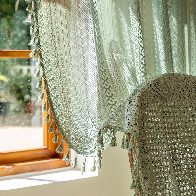 Sutuo Home Sage Green Boho Sheer Curtains 2 Panels - Image 8