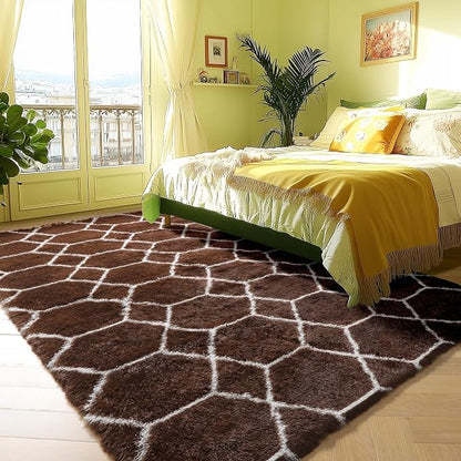 6x9 Area Rugs for Living Room Bedroom, Fluffy Brown and White Geometric Rug | - Image 5
