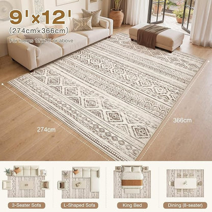 cotiled Boho 9x12 Area Rug for Living Room: Large Moroccan Washable Rug | Stain - Image 2