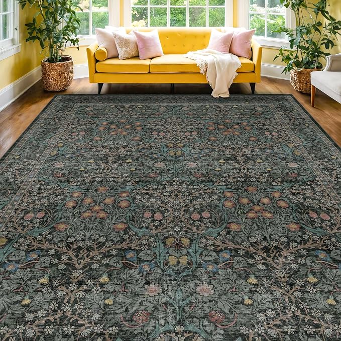 Vintage Dark Green Living Room Rug, 7x10 Washable Area Rugs by HazoHaus