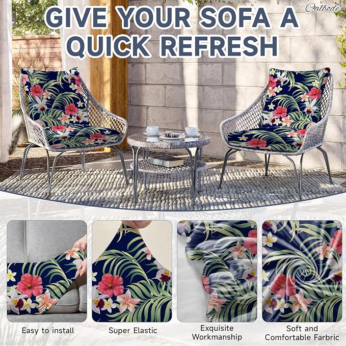 CALBODE 8 Pcs Stretch Outdoor Seat Cushion Covers, Tropical Floral, - Image 4