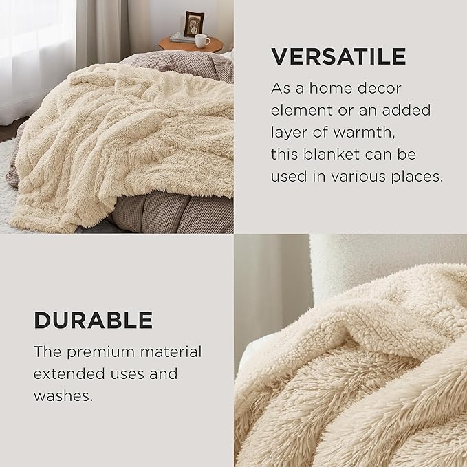 Bedsure GentleSoft Fuzzy Sherpa Faux Fur Blanket Beige Cozy Gifts - Image 4