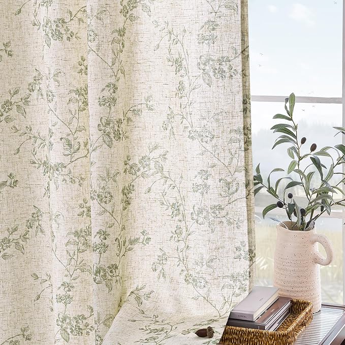 Green Vintage Floral Linen Curtains Farmhouse 38W X 96L 2 Panels | Elisa Series - Image 8