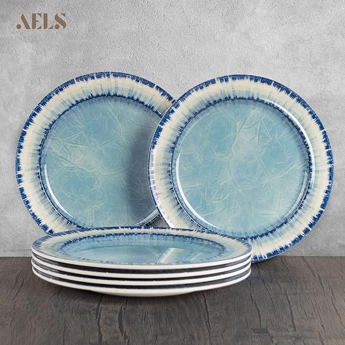 AELS Melamine Salad Plates Set of 6, 11 inch Serving Dishes for Indoor and Outdoor Use, Dishwasher Safe, Lightweight Unbreakable, BPA Free, Light Blue