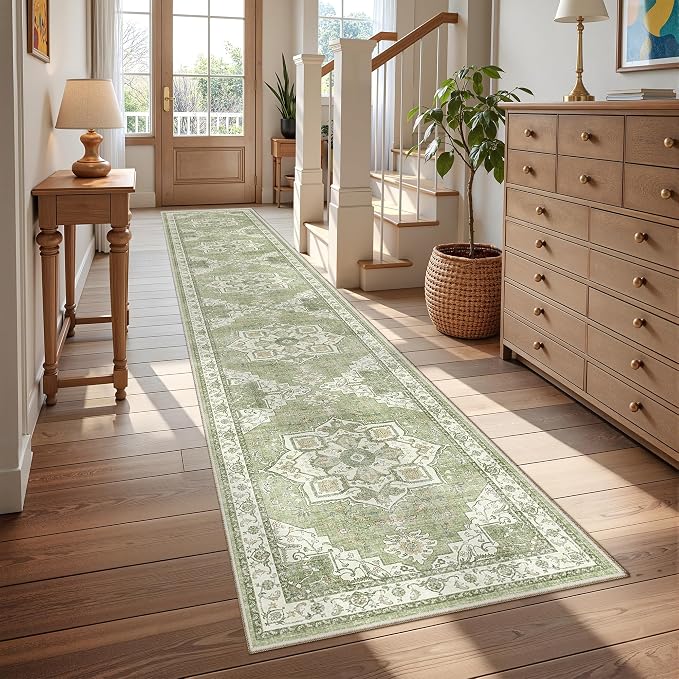 Hallway Runner Rug 2x12 Extra Long Washable Runner, Light Green | Vintage Rug - Image 2