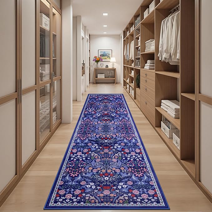 PLHXFR 3x10 Washable Runner Rug：Floral Indoor Kitchen Soft Carpet Blue | - Image 5