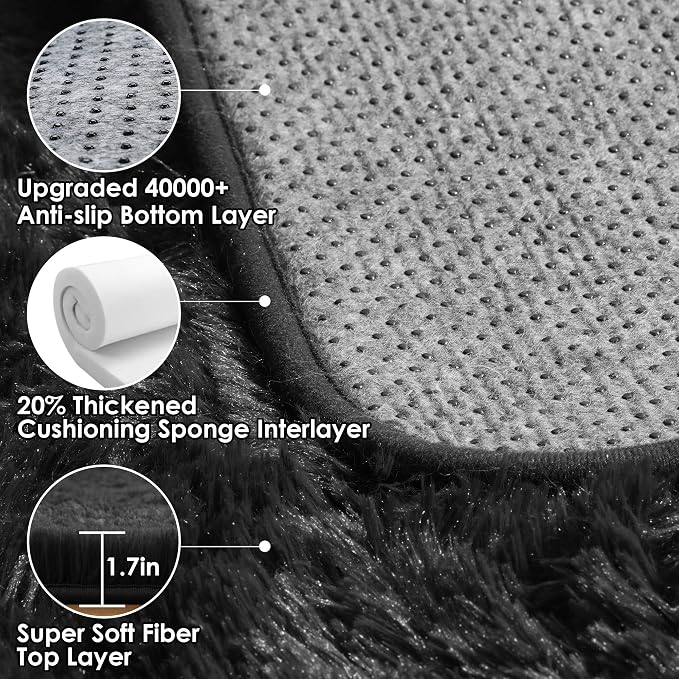 Black Runner Rugs for Bedroom Hallway, Fluffy 2x6 Bedside Soft Area Rug | - Image 4