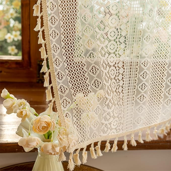 Sutuo Home Beige Lace Boho Curtains 45 Inches 2 Panels, Semi Sheer Small Window - Image 6