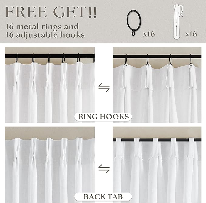 Extra Long Pinch Pleated Linen 120 Inch Curtains 2 Panels Set Snow White | - Image 5
