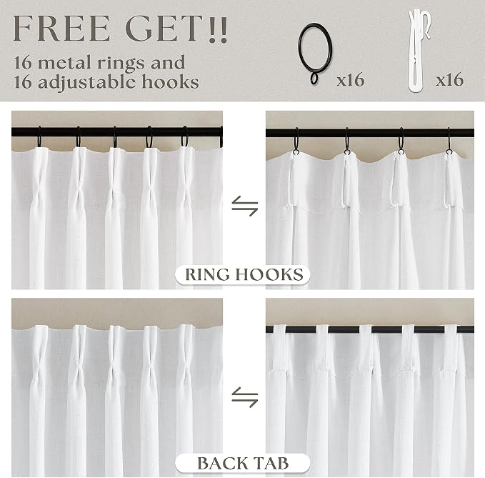 Pinch Pleated White 36 Inch Length Kitchen Curtains 2 Panels Set | Linen Blend - Image 5