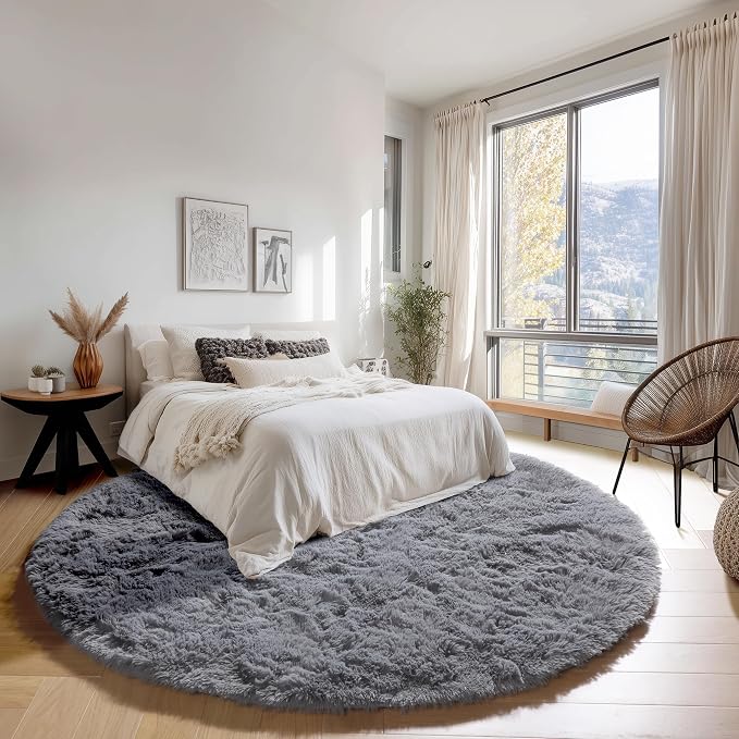 Grey Round Rugs 7ft for Living Room, Fluffy Bedroom Circle Area Rug, Soft Plush - Image 3