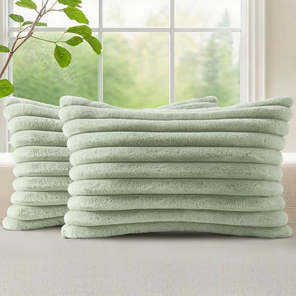 decorUhome Fall Faux Fur Throw Pillow Covers 12x20 Set of 2 Sage Green | by decorUhome