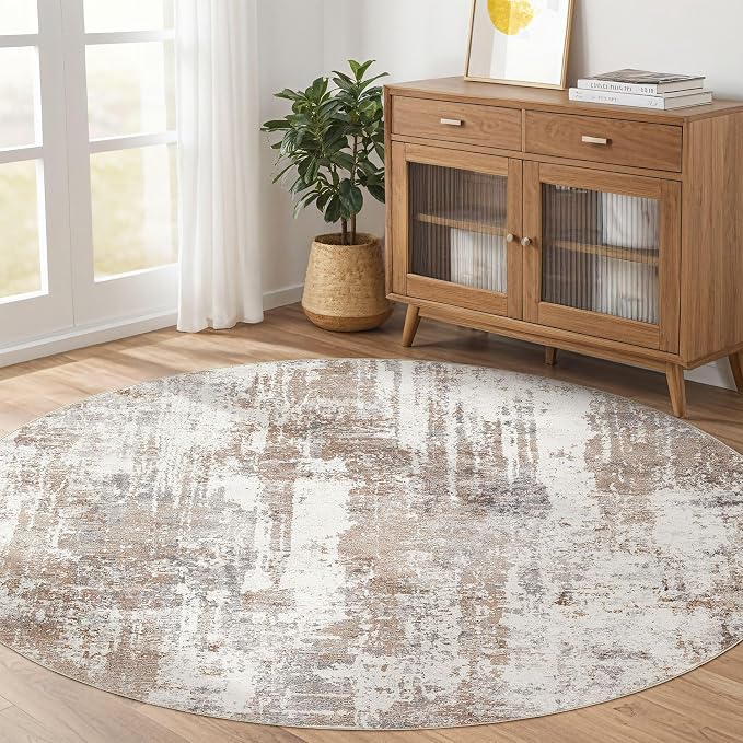 LOONGRUG Round Rug 8x8 Washable Large Neutral Modern Circle Rugs Brown | - Image 6