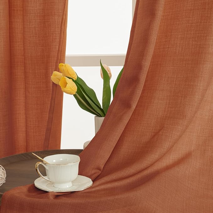 95 Inch Long Terracotta Linen Sheer Curtains - Image 3