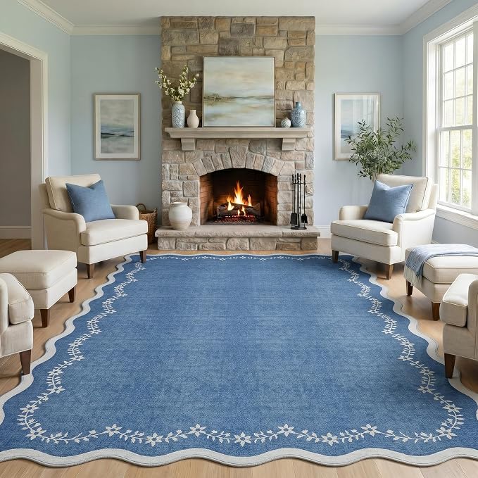 GarveeHome Scalloped Area Rugs 8x10 Large Blue Washable Living Room Rug | Soft by GarveeHome