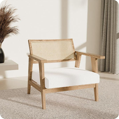BELLEZE Mid Century Modern Rattan Chair Set of 2 Accent Natural Wood Armchair - Image 2