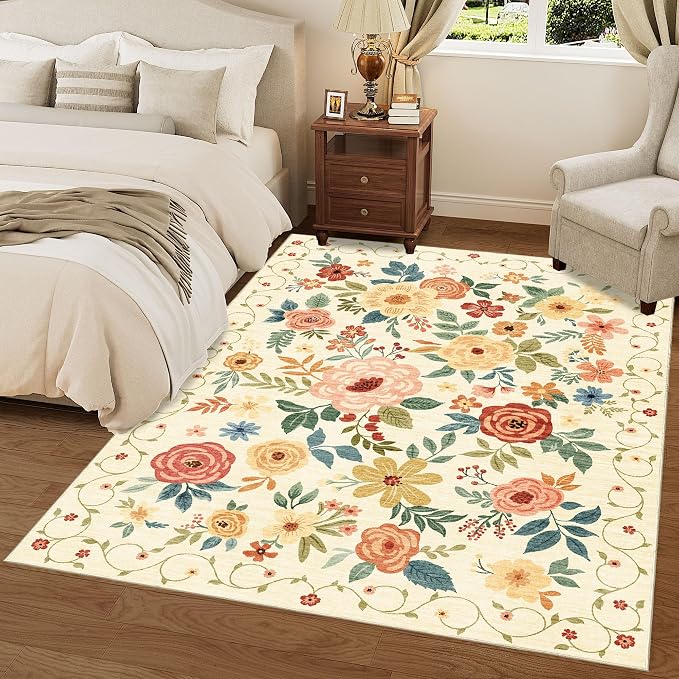 DUKINO 4x6 Area Rug, Floral Washable Office Chair Rug Non Slip Beige Yellow | - Image 9