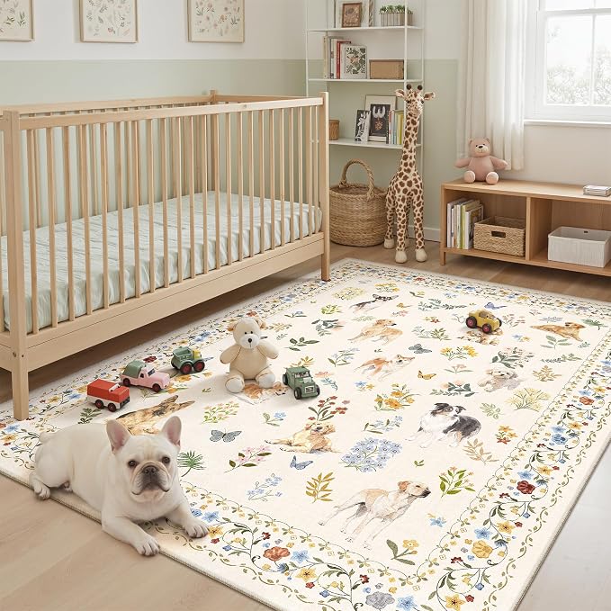 Soalmost Dog 6x9 Area Rugs for Living Room, Washable Animal Soft Rug Beige | - Image 4