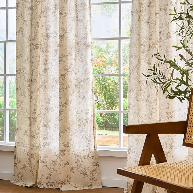 Taupe Vintage Floral Linen Curtains Farmhouse 38W X 96L 2 Panels | Elisa Series - Image 8