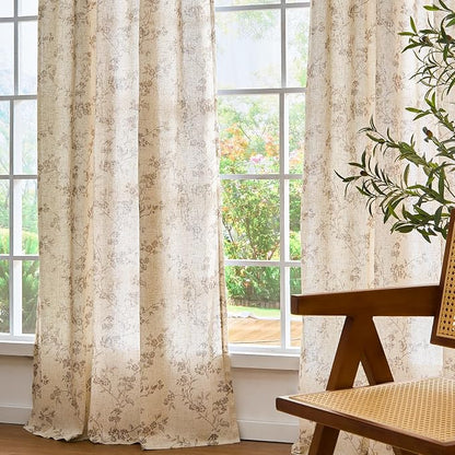 Taupe Vintage Floral Linen Curtains Farmhouse 50W X 84L 2 Panels | Elisa Series - Image 7