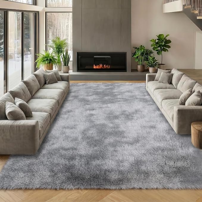 Area Rugs for Living Room Bedroom, 5x8 Fluffy Tie-Dyed Light Grey Shag Rug | - Image 8