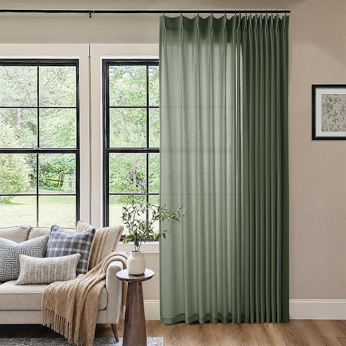 Olive Green Extra Wide Pinch Pleated 100 x 102 Inch Linen Curtains | - Image 5