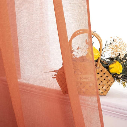 MIULEE Fall Burnt Orange Linen Textured Semi-Sheer Curtains 54W×63L | Semi - Image 4