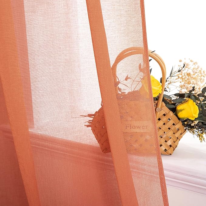 MIULEE Fall Burnt Orange Linen Textured Semi-Sheer Curtains 54W×96L | Semi - Image 4