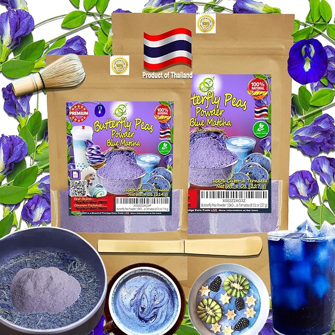 Blue Matcha Butterfly Pea Powder 4 Oz | OkO-OkO - Premium - 100% Natural from flowers of Ternatea Thailand No additives - infusion, Blue Herbal tea, Organic Vegan food coloring, cocktail, meal, baking