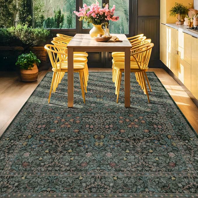 Vintage Dark Green Living Room Rug, 8x10 Washable Area Rugs - Image 8