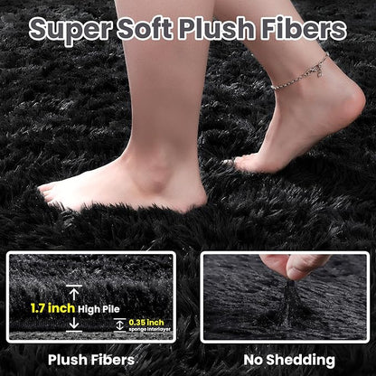 5x8 Fluffy Shag Area Rugs for Living Room Bedroom: Soft Plush Carpet Black | - Image 6